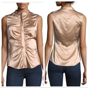 Theory Button-Front Ruched Stretch-Satin Top